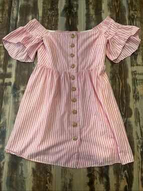 CROSBY by Mollie Burch Pink & White Striped Off-Shoulder Mini Dress